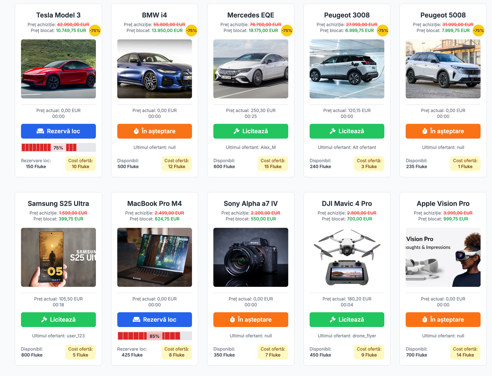 Interfața took25 — licitații live cu mașini electrice, laptop-uri și electronice premium la preț blocat -75%